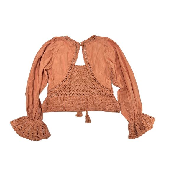 FREE PEOPLE Megan Crochet Romantic Puff Sleeve Cutouts Top in Coral Sand Sz M - Picture 7 of 16